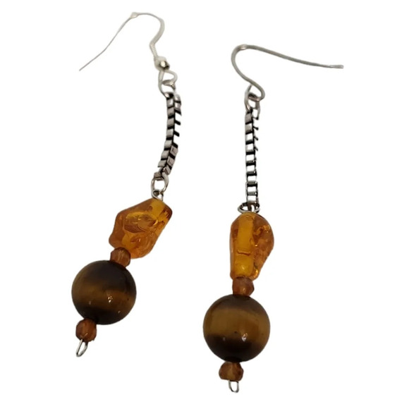 Tigers Eye Box Chain Earrings Dangle - Picture 1 of 2